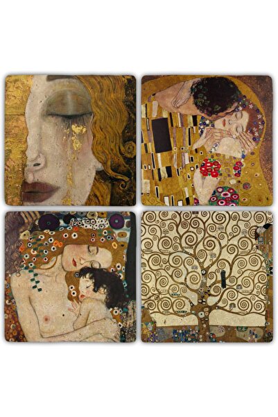 Oscar Stone Decor قواعد أكواب حجرية - طقم من 4 قطع (10 سم × 10 سم) غوستاف كليمت