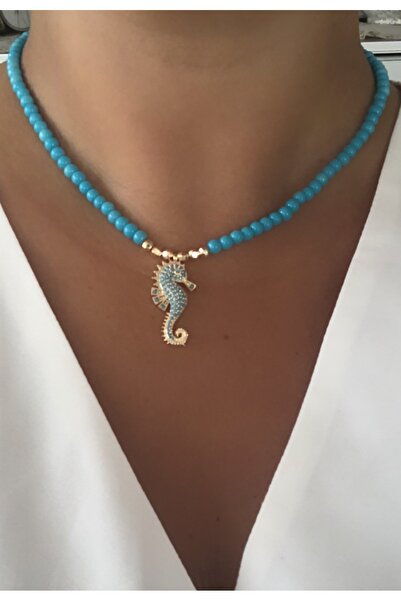 AychaAksesuar قلادة فرس البحر الحجرية المطرزة باللون الأزرق