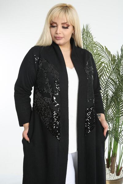 Kheos Black Jacquard Knitted Cardigan - Sequin Detailed, Pocket and Belt