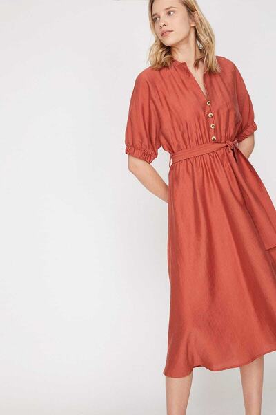 Koton Γυναικείο Μίντι Φόρεμα με κοντό μανίκι σε ροζ V λαιμόκοψη 9YAK88095PW