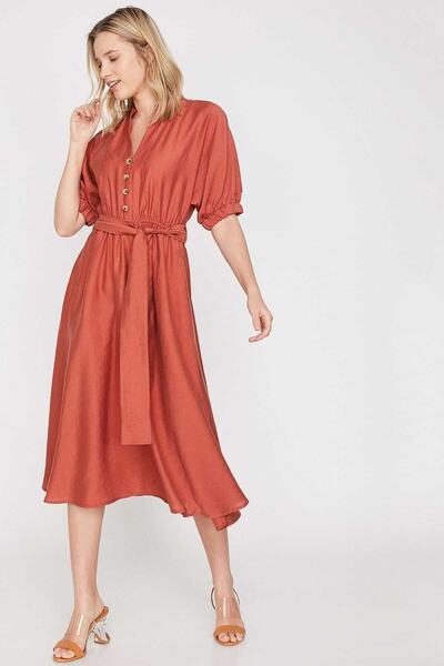 Koton Γυναικείο Μίντι Φόρεμα με κοντό μανίκι σε ροζ V λαιμόκοψη 9YAK88095PW