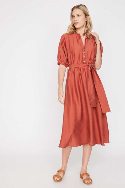 Koton Γυναικείο Μίντι Φόρεμα με κοντό μανίκι σε ροζ V λαιμόκοψη 9YAK88095PW