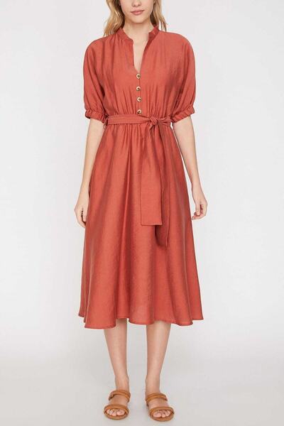 Koton Γυναικείο Μίντι Φόρεμα με κοντό μανίκι σε ροζ V λαιμόκοψη 9YAK88095PW