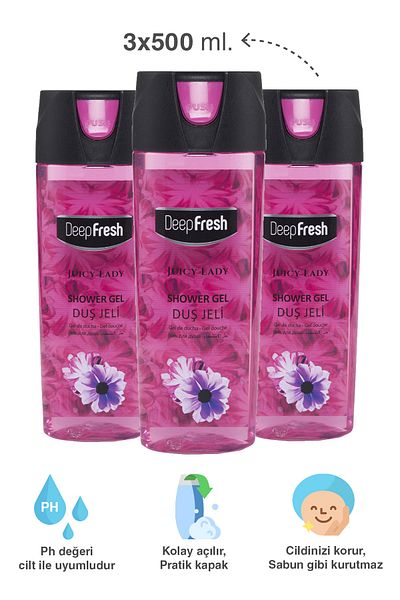 Deep Fresh Practical Covered Women's Shower Gel Juicy Lady 3 X 500 ml