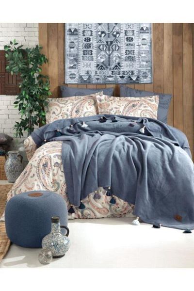 İyi Geceler İstanbul Set cuvertură de pilota cu ciucuri dublu Boho Chic albastru cobalt