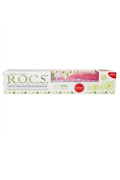 R.O.C.S. مجموعة فرشاة ومعجون الأسنان الوردي من روكس للأعمار من 0 إلى 3 سنوات