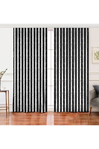 Realhomes Çift Kanat Mermer Zeminli Siyah Çizgili Dijital Baskılı Fon Perde