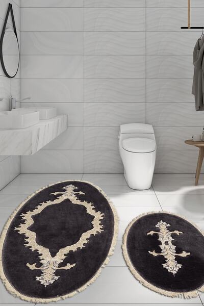 ALANUR Sırma Welsoft Set de toaletă oval cu franjuri din dantelă, antracit