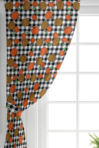 Realhomes Colorful Pumpkin Pattern Digital Printed Background Curtain on Single Wing Black and White Plaid