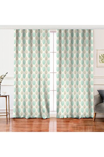 Realhomes Vizon Zeminde Yosun Motifli Dijital Baskılı Çift Kanat Fon Perde