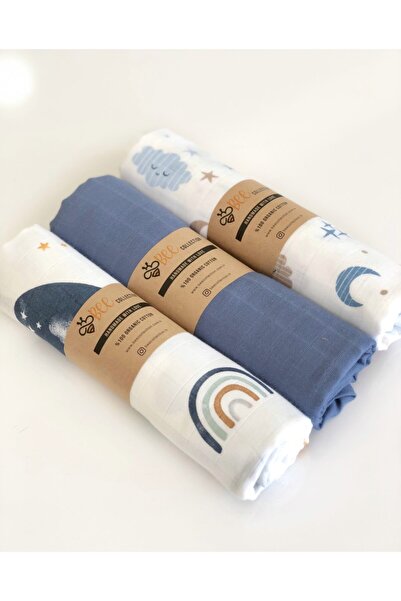 Bee collection 3'lü Müslin Örtü Lacivert Gökkuşağı - Düz Indigo- Bulut