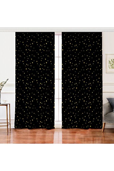 Realhomes Gold Zeminde Yatay Sıyah Dijital Baskılı Çift Kanat Fon Perde