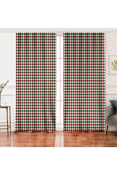 Realhomes Çift Kanat Beyaz Zemin Üzerinde Bordo Ve Yeşil Ekose Desenli Dijita...