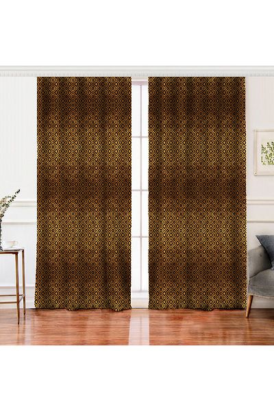 Realhomes Double Wing Black Geometric Patterned Digital Printed Background Curtain on Gold Backdrop