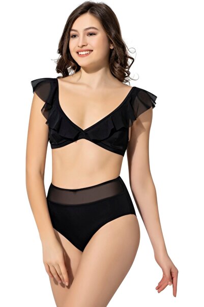 Genel Markalar Kadın Siyah Fırfırlı Yüksek Bel Bikini Takımı