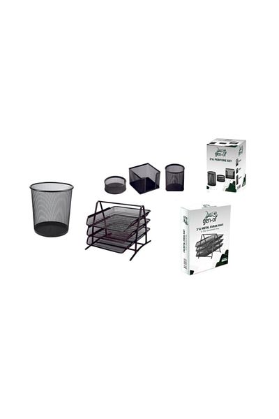 Gen-Of Metal Office Set 5-Piece Black (Evrak Shelf 3-Piece + Trash Can + Pen Holder + Cube Note Holder+Strap Holder)