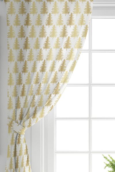 Realhomes Gold Colored Double Wing Digital Printed Background Curtain with Pine Tree Pattern on White Background