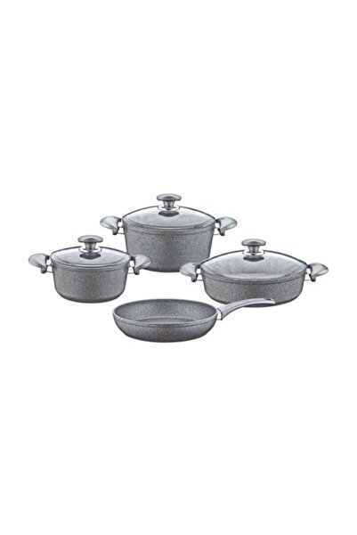 OMS PASLANMAZ Oms 3005.01.02  Cam Kapaklı Gri 7 Parça Granit Tencere Set