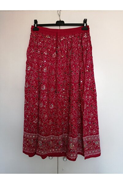 Butik Tülin Otantik Viskon Bürümcük Pembe Baskılı El Işi Pul Nakışlı Etek