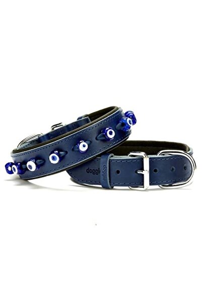 Doggie Comfort Deri Nazar Boncuklu Köpek Boyun Tasması Medium Mavi 3.5x47-55 Cm