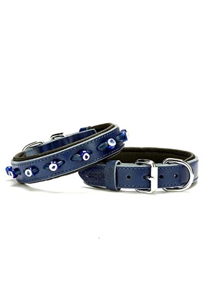 Doggie Comfort Deri Nazar Boncuklu Köpek Boyun Tasması Medium Mavi 2.5x37-45 Cm