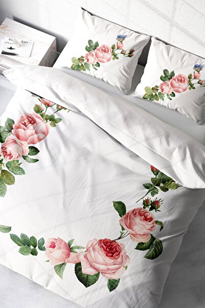 MonoHome Double King Size White Floral Patterned Duvet Cover Set - 220X240Cm