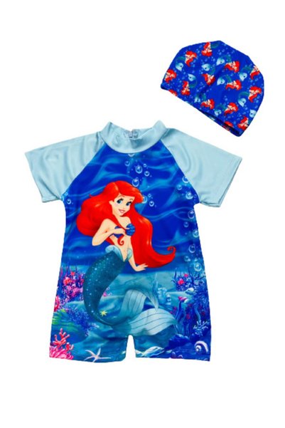 Generic Brand Girl's Mermaid Printed Sunscreen Zippered Hipster Swimsuit Set of 2 (Swimsuit + Cap)