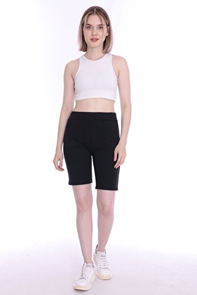 MİSSWOMEN Kadın Siyah Beli Lastikli Spor Şort