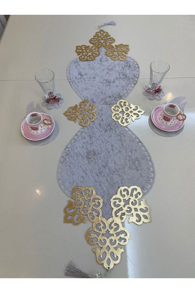 SEHARA Velvet Fancy Runner, 5 Pieces (1 Runner, 4 Piece Coffee Presentation Set)