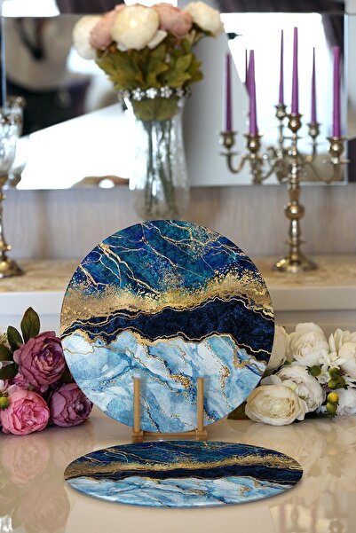 Realhomes 2'li Altın Varaklı Mavi Zeminli Modern Yuvarlak Supla & Servis Altlığı