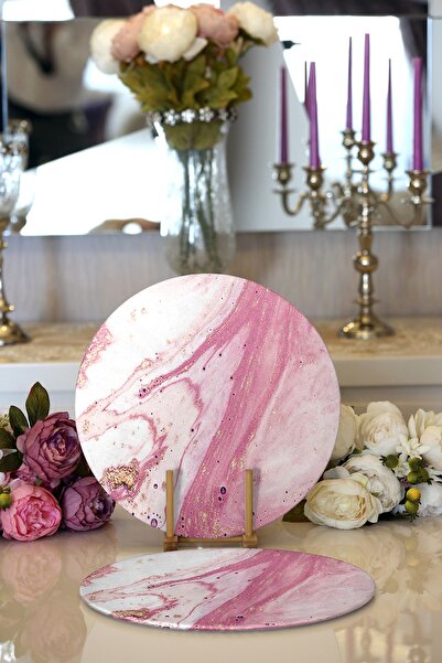Realhomes 2'li Pembe Beyaz Mermer Desenli Dijital Baskılı Modern Yuvarlak Sup...