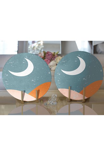 Realhomes Farfurie rotundă modernă, 2 bucăți, cu model lunar pastel, imprimate digital, pe podea