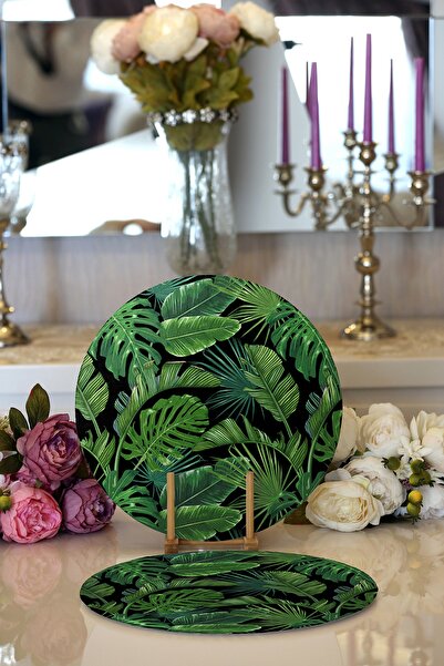 Realhomes طقم مكون من لوحين دائريين بنمط أوراق خضراء على أرضية سوداء وقاعدة ت...