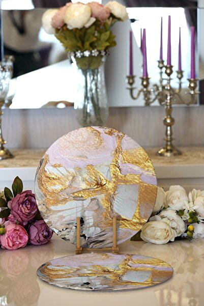 Realhomes 2'li Gold Detaylı Soyut Çizimli Dijital Baskılı Modern Yuvarlak Sup...