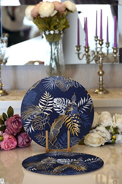 Realhomes 2'li Mavi Zemin Üzerinde Gold Detaylı Yaprak Desenli Modern Yuvarla...