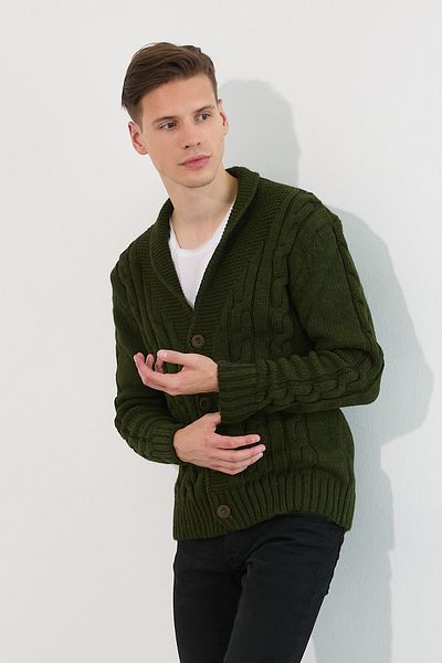 Tarz Cool Men's Khaki Hair Knitted Shawl Collar Cardigan -hrk8080r01