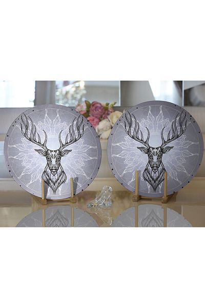 Realhomes Fundal gri din 2 piese cu motiv stea Cerb geometric imprimat digital Modern NestSupla & Placemat