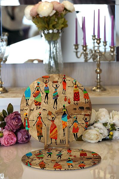 Realhomes 2-Piece African Ethnic Patterned Digital Printed Modern Round Plate & Placemat