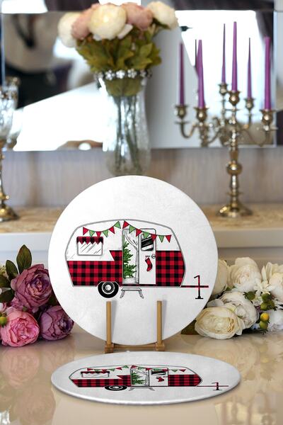 Realhomes طقم مكون من قطعتين من الزينة المستديرة الحديثة وقاعدة التقديم مع نمط كارافان منقوش على خلفية بيضاء