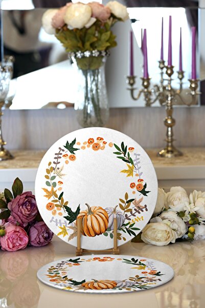 Realhomes 2'li Beyaz Zeminli Bal Kabağı Desenli Dijital Baskılı Modern Yuvarl...