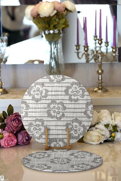 Realhomes 2-Piece Denim Floor Themed Flower Motif Digital Printed Modern Round Plate & Placemat