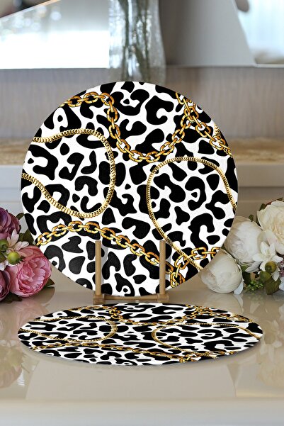 Realhomes 2'li Leopar Desenli Altın Detaylı Özel Tasarım Modern Yuvarlak Supla & Servis Altlığı