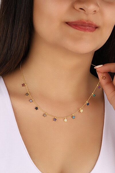 Lia Berto Kadın Renkli Taşlı Sıralı Yıldızlar 925 Ayar Gümüş Kolye