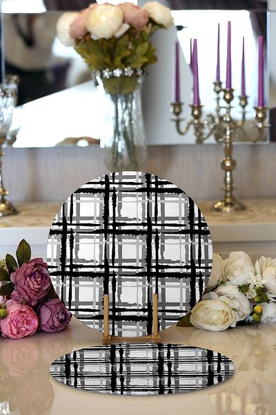 Realhomes 2-Piece Grid Floor Gray Toning Digital Printed Special Design Modern Round Charger & Placemat