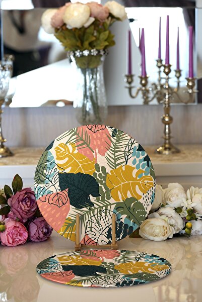 Realhomes 2'li Pudra Zeminde Renkli Yaprak Desenli Dijital Baskılı Modern Yuv...