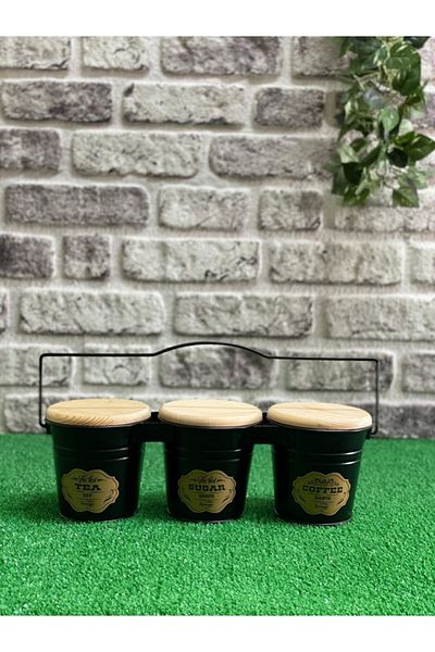 Feronyahome & Garden وعاء قهوة سكر الشاي بغطاء خشبي أسود 3 قطع