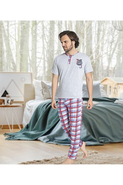 Ayans Pijama Σετ ανδρικών πιτζάμες 3 τεμαχίων μονό τζέρσεϊ καρό γκρι