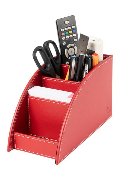 2K Pen Holder and Remote Control Faux Leather Desktop Organizer with 4 Compartments 21.5x10x12.5 Cm