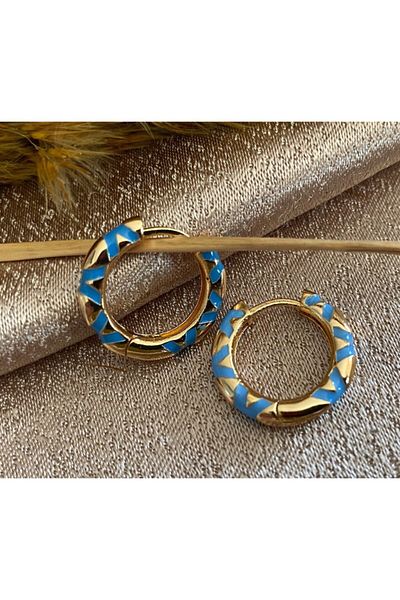 Markiz Takı Gold Blue Pattern Hoop Earrings (Inner Diameter 1.5 Cm)