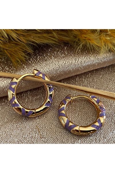 Markiz Takı Gold Purple Pattern Hoop Earrings (Inner Diameter 1.5 Cm)